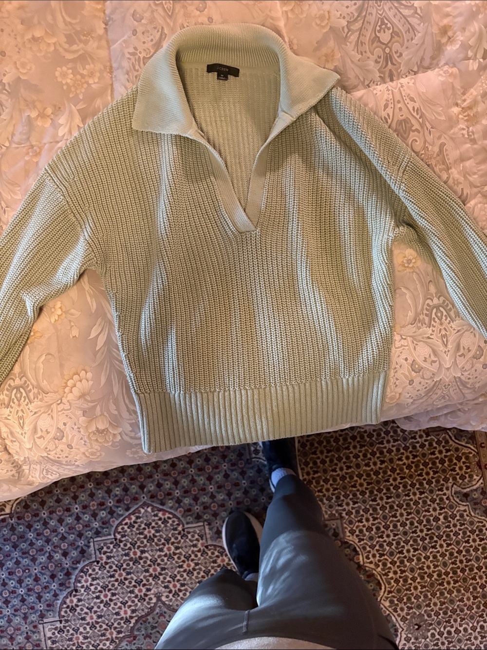 J. Crew Pale Mint V-Neck Collared Knit Sweater